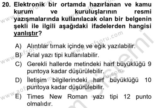 Hukuk Dili Ve Adli Yazışmalar Dersi 2023 - 2024 Yılı (Vize) Ara Sınavı 20. Soru