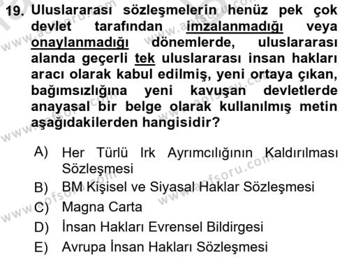 İnsan Hakları Ve Kamu Özgürlükleri Dersi 2023 - 2024 Yılı (Vize) Ara Sınavı 19. Soru