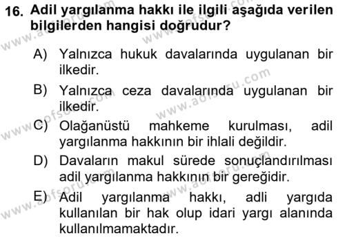 İnsan Hakları Ve Kamu Özgürlükleri Dersi 2023 - 2024 Yılı (Final) Dönem Sonu Sınavı 16. Soru