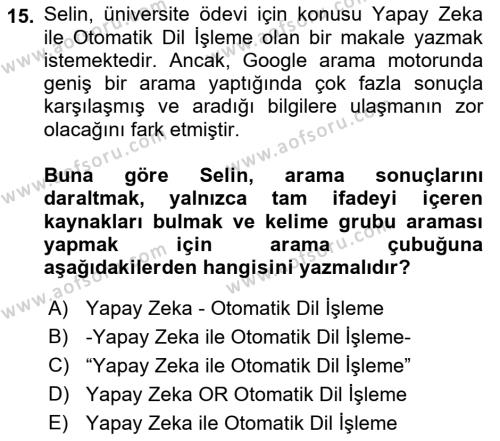 Büro Teknolojileri Dersi 2023 - 2024 Yılı (Vize) Ara Sınavı 15. Soru