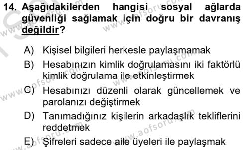 Büro Teknolojileri Dersi 2023 - 2024 Yılı (Final) Dönem Sonu Sınavı 14. Soru