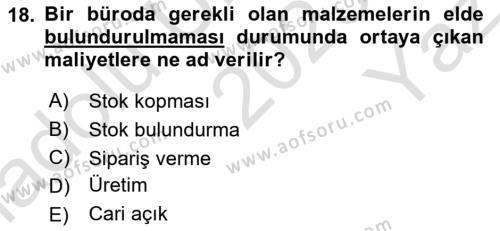 Büro Teknolojileri Dersi 2023 - 2024 Yılı Yaz Okulu Sınavı 18. Soru