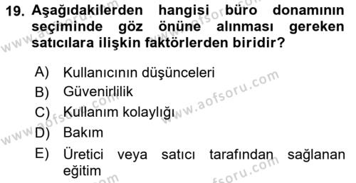 Büro Teknolojileri Dersi 2023 - 2024 Yılı Yaz Okulu Sınavı 19. Soru