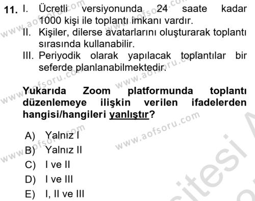 Büro Teknolojileri Dersi 2024 - 2025 Yılı (Vize) Ara Sınavı 11. Soru