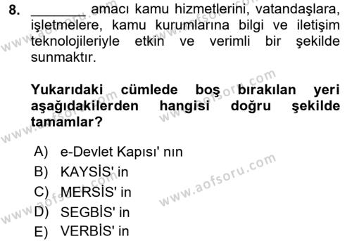 Mesleki Bilgisayar Ve Uyap Dersi 2021 - 2022 Yılı (Final) Dönem Sonu Sınavı 8. Soru