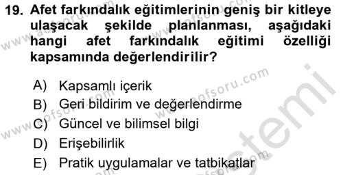 Acil Durum ve Afet Farkındalık Eğitimi Dersi 2024 - 2025 Yılı (Vize) Ara Sınavı 19. Soru