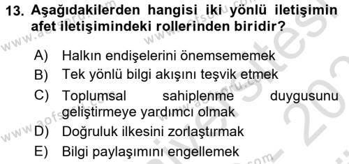 Afet Tıbbı ve Yönetim İlkeleri Dersi 2023 - 2024 Yılı (Vize) Ara Sınavı 13. Soru