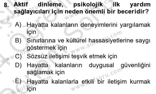 Afet Tıbbı ve Yönetim İlkeleri Dersi 2023 - 2024 Yılı (Final) Dönem Sonu Sınavı 8. Soru