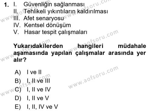 Afet Yönetimi 1 Dersi 2022 - 2023 Yılı (Vize) Ara Sınavı 1. Soru