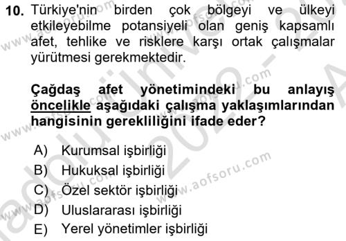 Afet Yönetimi 1 Dersi 2022 - 2023 Yılı (Vize) Ara Sınavı 10. Soru