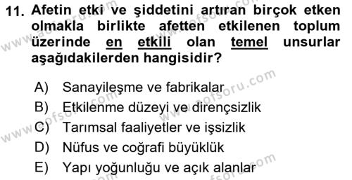 Afet Yönetimi 1 Dersi 2022 - 2023 Yılı (Vize) Ara Sınavı 11. Soru