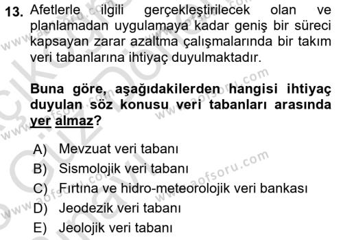 Afet Yönetimi 1 Dersi 2022 - 2023 Yılı (Vize) Ara Sınavı 13. Soru