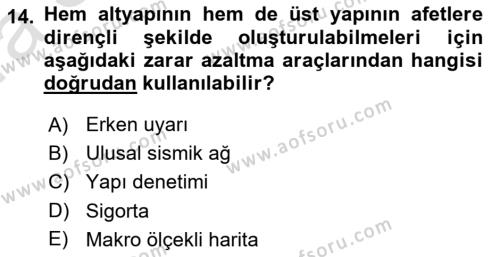 Afet Yönetimi 1 Dersi 2022 - 2023 Yılı (Vize) Ara Sınavı 14. Soru