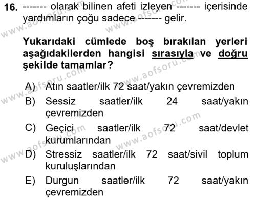 Afet Yönetimi 1 Dersi 2022 - 2023 Yılı (Vize) Ara Sınavı 16. Soru