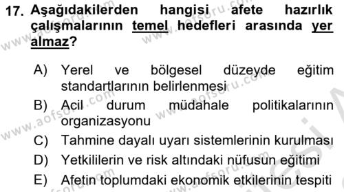 Afet Yönetimi 1 Dersi 2022 - 2023 Yılı (Vize) Ara Sınavı 17. Soru