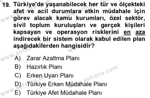 Afet Yönetimi 1 Dersi 2022 - 2023 Yılı (Vize) Ara Sınavı 19. Soru