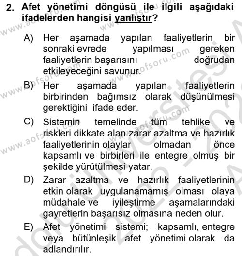 Afet Yönetimi 1 Dersi 2022 - 2023 Yılı (Vize) Ara Sınavı 2. Soru