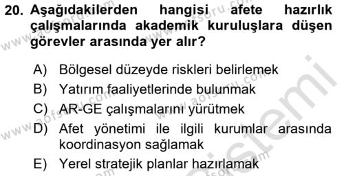 Afet Yönetimi 1 Dersi 2022 - 2023 Yılı (Vize) Ara Sınavı 20. Soru