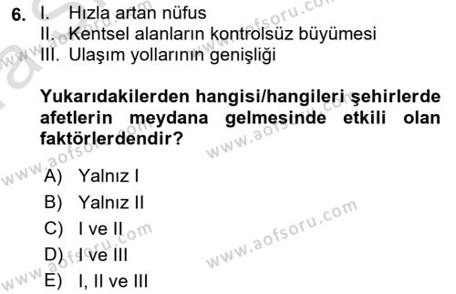 Afet Yönetimi 1 Dersi 2022 - 2023 Yılı (Vize) Ara Sınavı 6. Soru