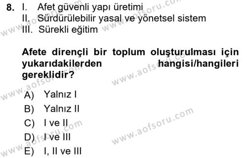 Afet Yönetimi 1 Dersi 2022 - 2023 Yılı (Vize) Ara Sınavı 8. Soru