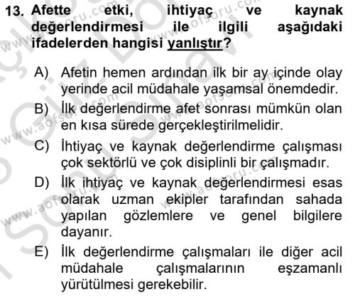 Afet Yönetimi 1 Dersi 2022 - 2023 Yılı (Final) Dönem Sonu Sınavı 13. Soru