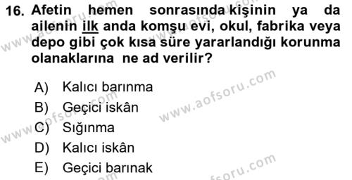 Afet Yönetimi 1 Dersi 2022 - 2023 Yılı (Final) Dönem Sonu Sınavı 16. Soru