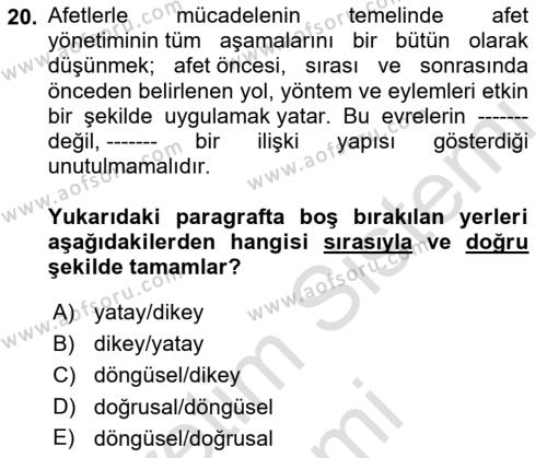 Afet Yönetimi 1 Dersi 2022 - 2023 Yılı (Final) Dönem Sonu Sınavı 20. Soru