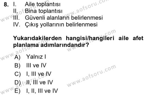 Afet Yönetimi 1 Dersi 2022 - 2023 Yılı (Final) Dönem Sonu Sınavı 8. Soru