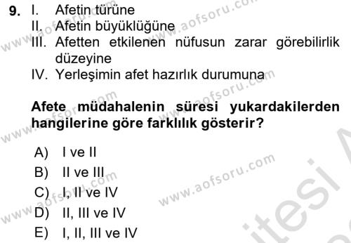 Afet Yönetimi 1 Dersi 2022 - 2023 Yılı (Final) Dönem Sonu Sınavı 9. Soru