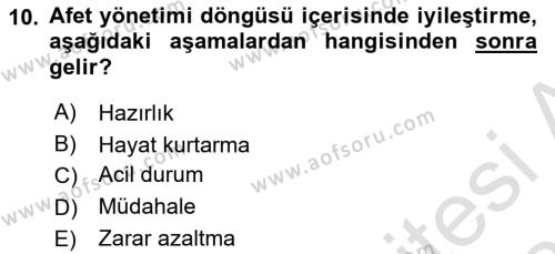 Afet Yönetimi 1 Dersi 2022 - 2023 Yılı Yaz Okulu Sınavı 10. Soru