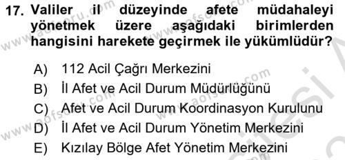 Afet Yönetimi 1 Dersi 2022 - 2023 Yılı Yaz Okulu Sınavı 17. Soru