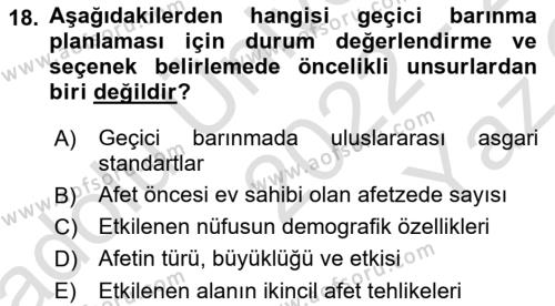 Afet Yönetimi 1 Dersi 2022 - 2023 Yılı Yaz Okulu Sınavı 18. Soru