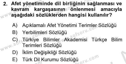 Afet Yönetimi 1 Dersi 2022 - 2023 Yılı Yaz Okulu Sınavı 2. Soru