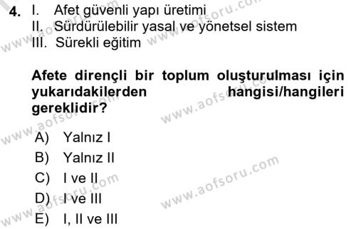 Afet Yönetimi 1 Dersi 2022 - 2023 Yılı Yaz Okulu Sınavı 4. Soru