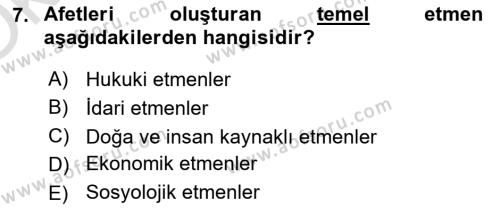 Afet Yönetimi 1 Dersi 2022 - 2023 Yılı Yaz Okulu Sınavı 7. Soru