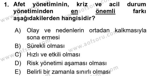 Afet Yönetimi 1 Dersi 2023 - 2024 Yılı (Vize) Ara Sınavı 1. Soru