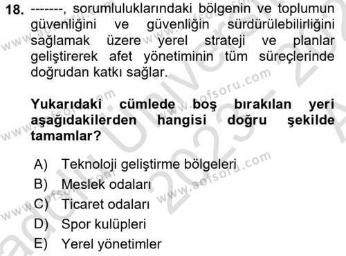 Afet Yönetimi 1 Dersi 2023 - 2024 Yılı (Vize) Ara Sınavı 18. Soru