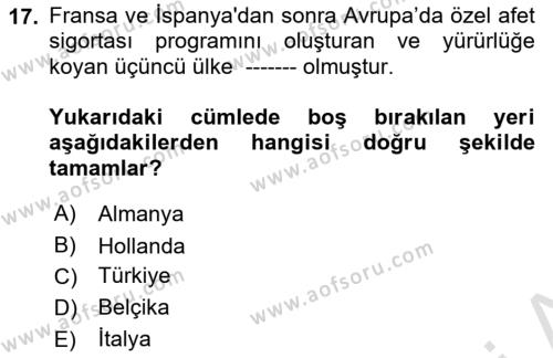 Afet Yönetimi 1 Dersi 2023 - 2024 Yılı (Final) Dönem Sonu Sınavı 17. Soru