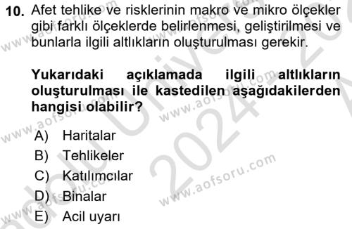 Afet Yönetimi 1 Dersi 2024 - 2025 Yılı (Vize) Ara Sınavı 10. Soru