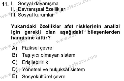 Afet Yönetimi 1 Dersi 2024 - 2025 Yılı (Vize) Ara Sınavı 11. Soru