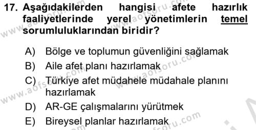 Afet Yönetimi 1 Dersi 2024 - 2025 Yılı (Vize) Ara Sınavı 17. Soru