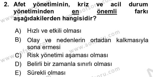 Afet Yönetimi 1 Dersi 2024 - 2025 Yılı (Vize) Ara Sınavı 2. Soru