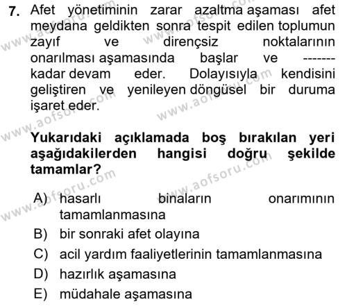 Afet Yönetimi 1 Dersi 2024 - 2025 Yılı (Vize) Ara Sınavı 7. Soru