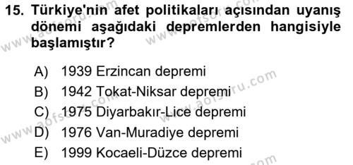 Afet Yönetimi 2 Dersi 2018 - 2019 Yılı 3 Ders Sınavı 15. Soru