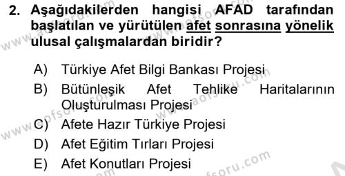 Afet Yönetimi 2 Dersi 2018 - 2019 Yılı 3 Ders Sınavı 2. Soru