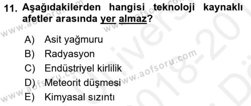 Afet Yönetimi 2 Dersi 2018 - 2019 Yılı (Vize) Ara Sınavı 11. Soru