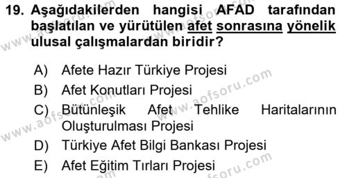 Afet Yönetimi 2 Dersi 2018 - 2019 Yılı (Vize) Ara Sınavı 19. Soru