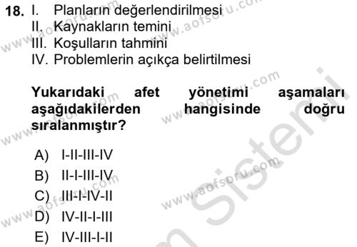 Afet Yönetimi 2 Dersi 2020 - 2021 Yılı Yaz Okulu Sınavı 18. Soru