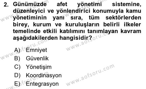 Afet Yönetimi 2 Dersi 2020 - 2021 Yılı Yaz Okulu Sınavı 2. Soru