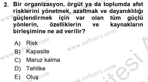 Afet Yönetimi 2 Dersi 2021 - 2022 Yılı (Vize) Ara Sınavı 2. Soru